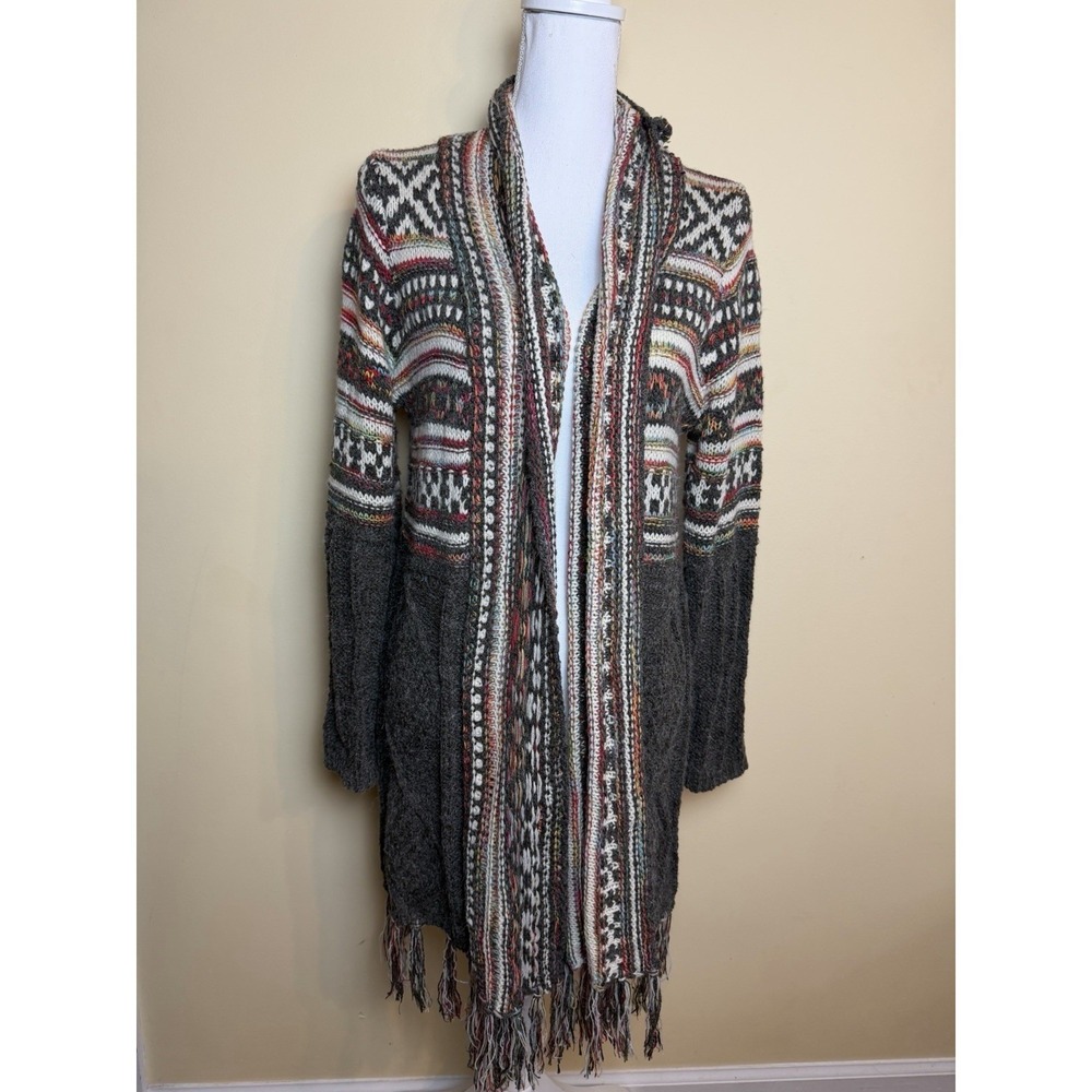 Adora Cardigan Women's S/M Gray Aztec Knit Sweater Boho Fringe